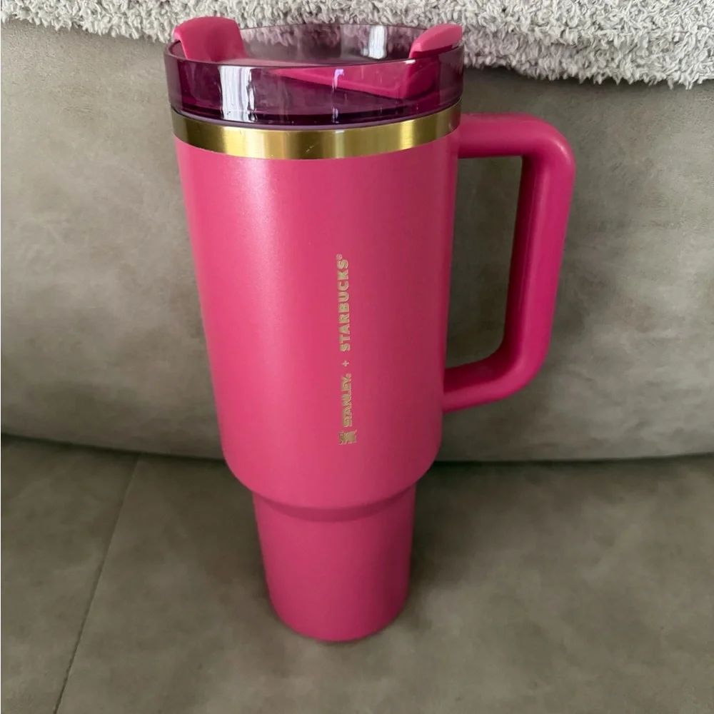 Stanley Hot Pink Travel Mug with Gold Logo Starbucks - Picture 2 of 6
